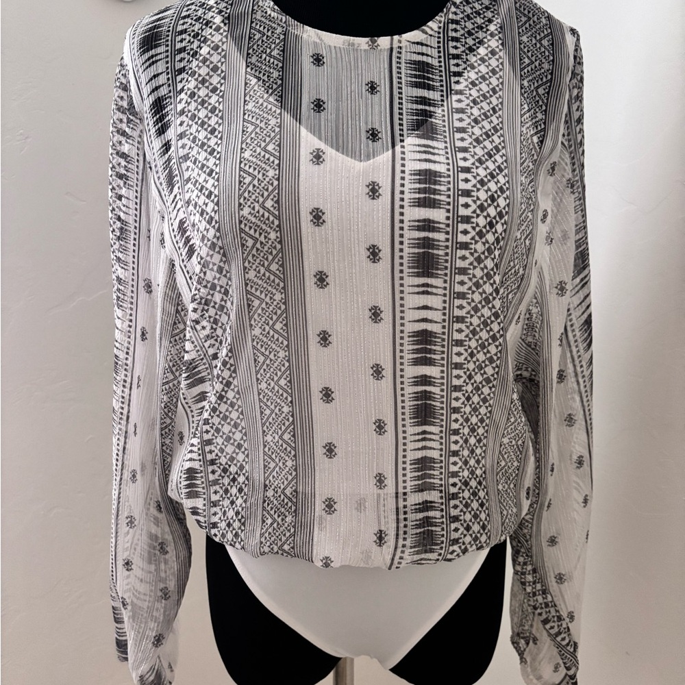 Express XS Black and White Graphic sheer Long Sleeve Bodysuit